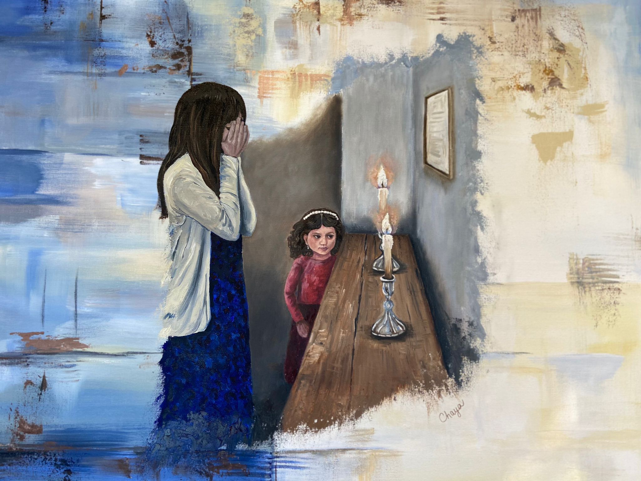 <h9>Shabbos Candles<br> Acrylic, Oil<br> 48x48 <br>  $3700 </h9><br><h8> SOLD </h8> 